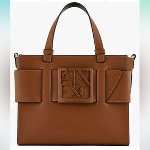 A/X Whiskey Brown Medium Faux Leather Tote with Central Logo Crossbody Strap